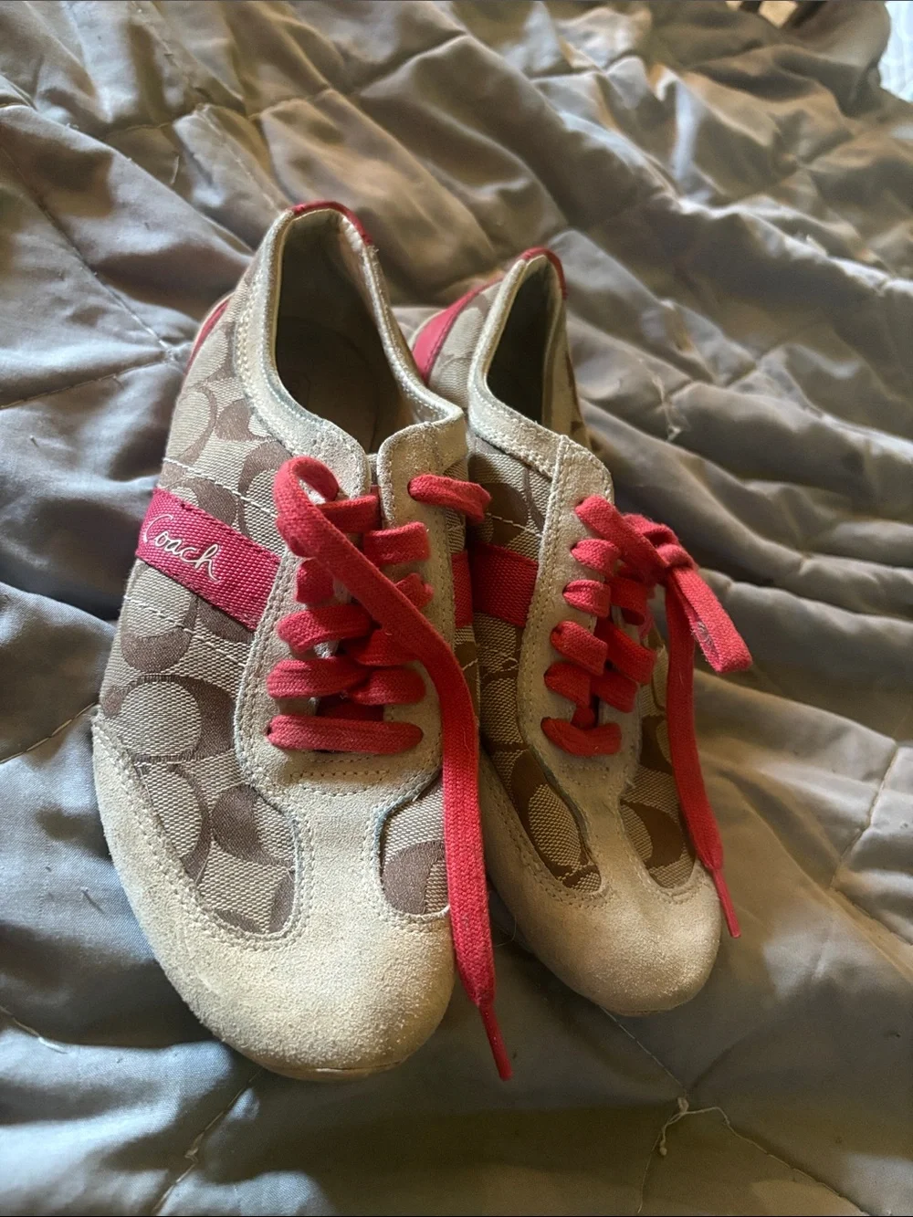 Coach Beige Logo Sneakers with Pink/Red Accents